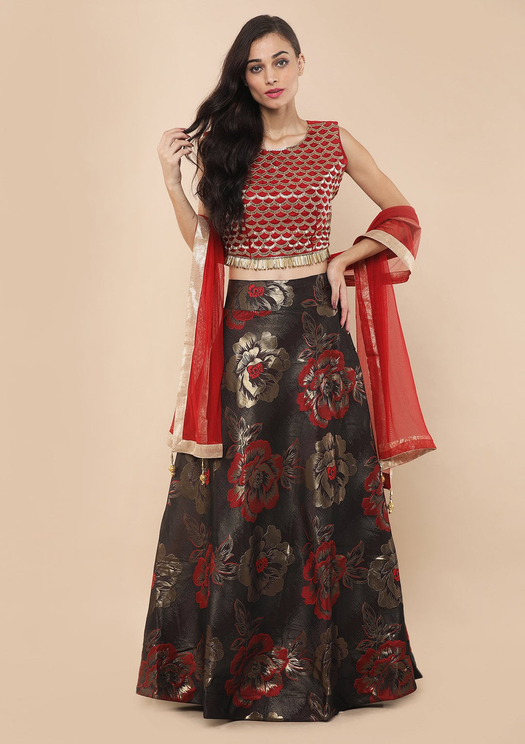Cherry Red Cutdana Brocade Designer Lehenga-Koskii