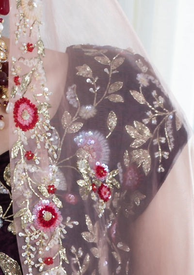 Wine Red Zardozi Work Velvet Designer Lehenga-Koskii