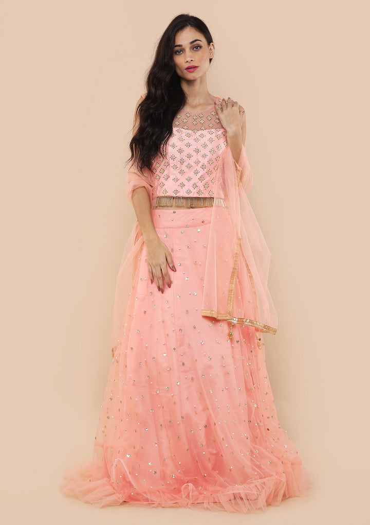 Peach Zardozi Tassles Net Designer Lehenga-Koskii