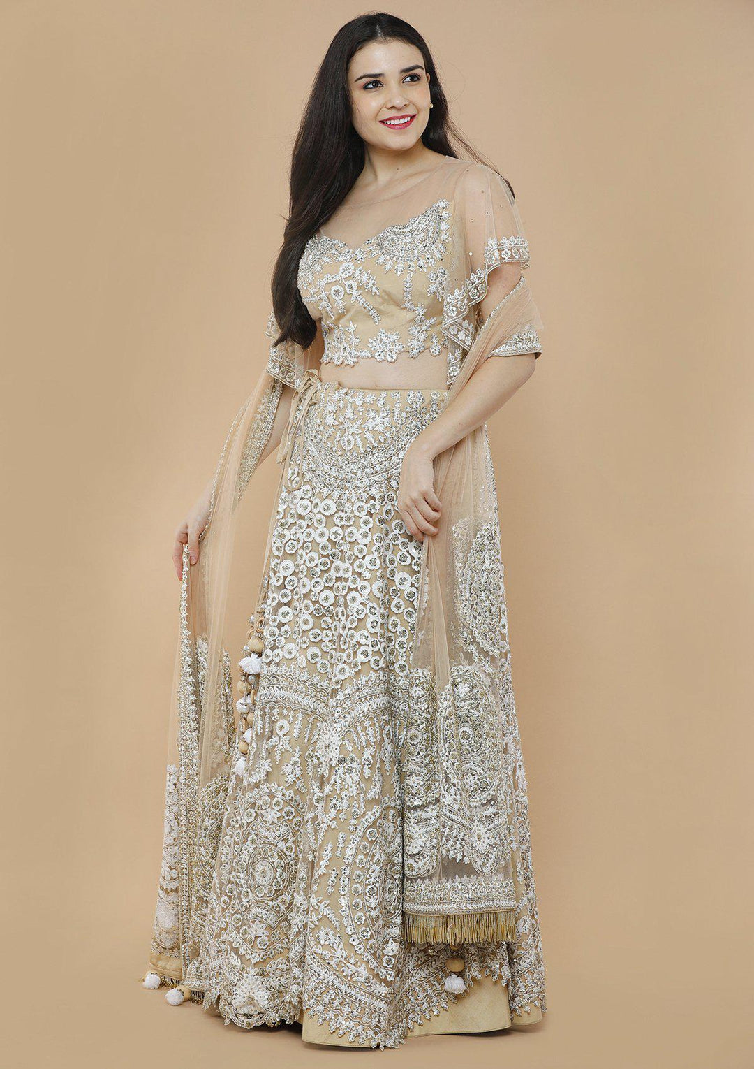 Beige Embellished Silk Designer Lehenga-Koskii