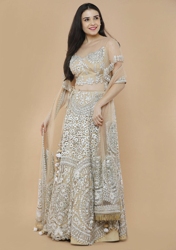 Beige Embellished Silk Designer Lehenga-Koskii