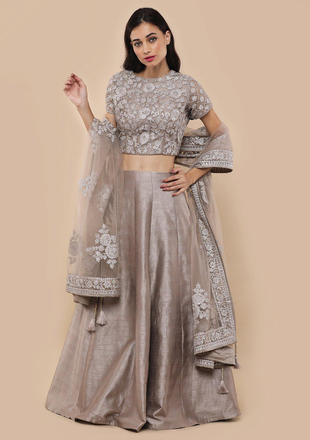 Beige Stone Work Silk Designer Lehenga-Koskii
