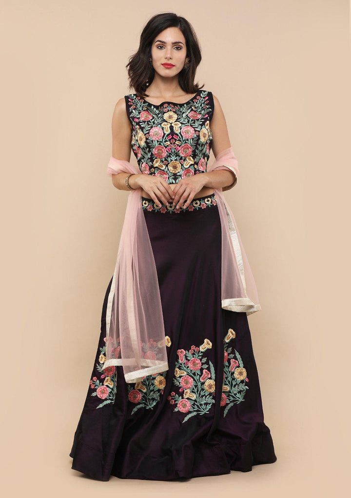 Wine Floral Stone Work Silk Designer Lehenga-Koskii