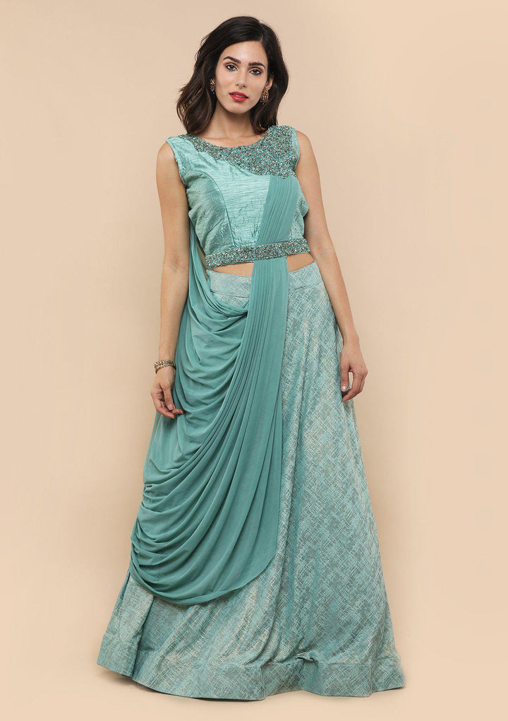 Sea Green Raw Silk Drape Designer Lehenga-Koskii