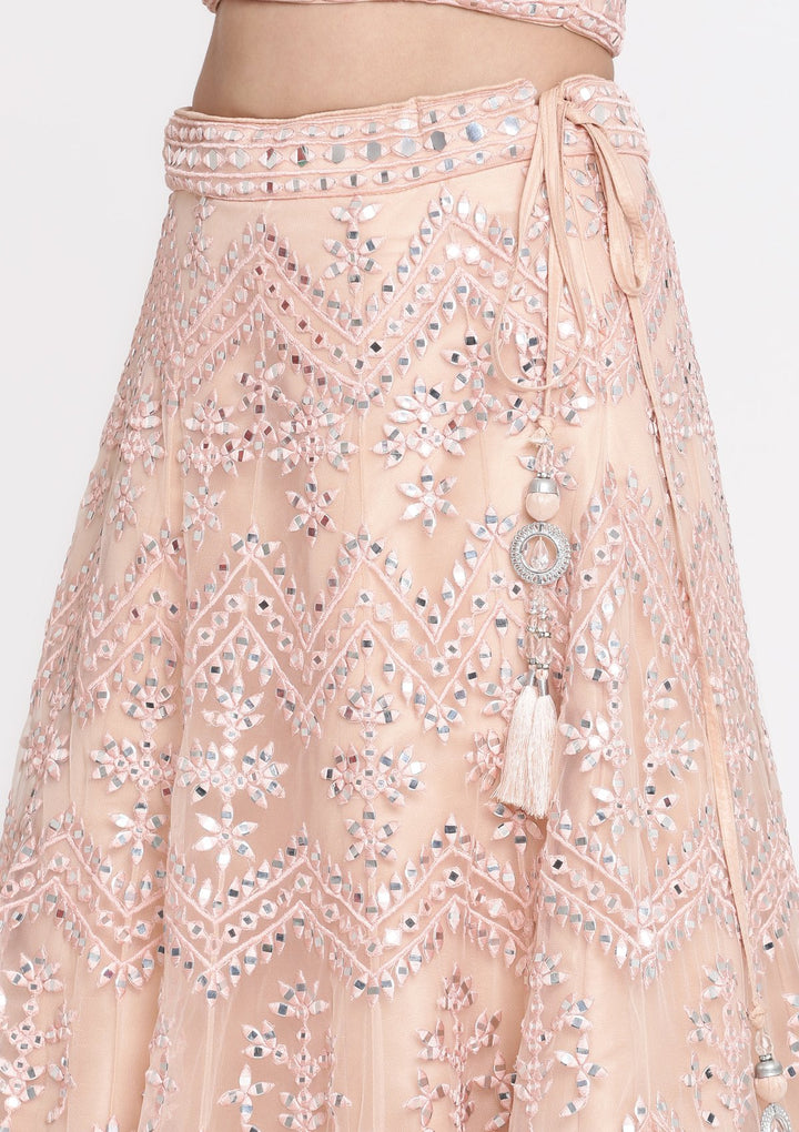Peach Mirrorwork Net Designer Lehenga-Koskii