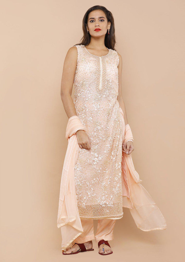 Peach Pearlwork Net Designer Salwar Suit-Koskii
