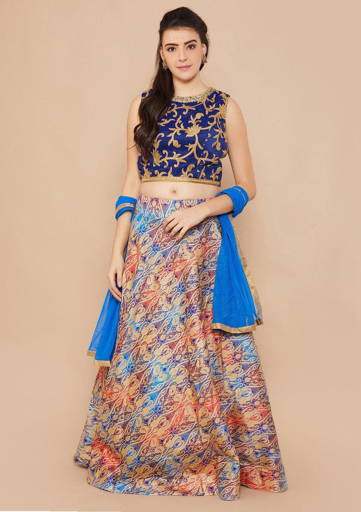Blue and Gold Brocade Designer Lehenga-Koskii
