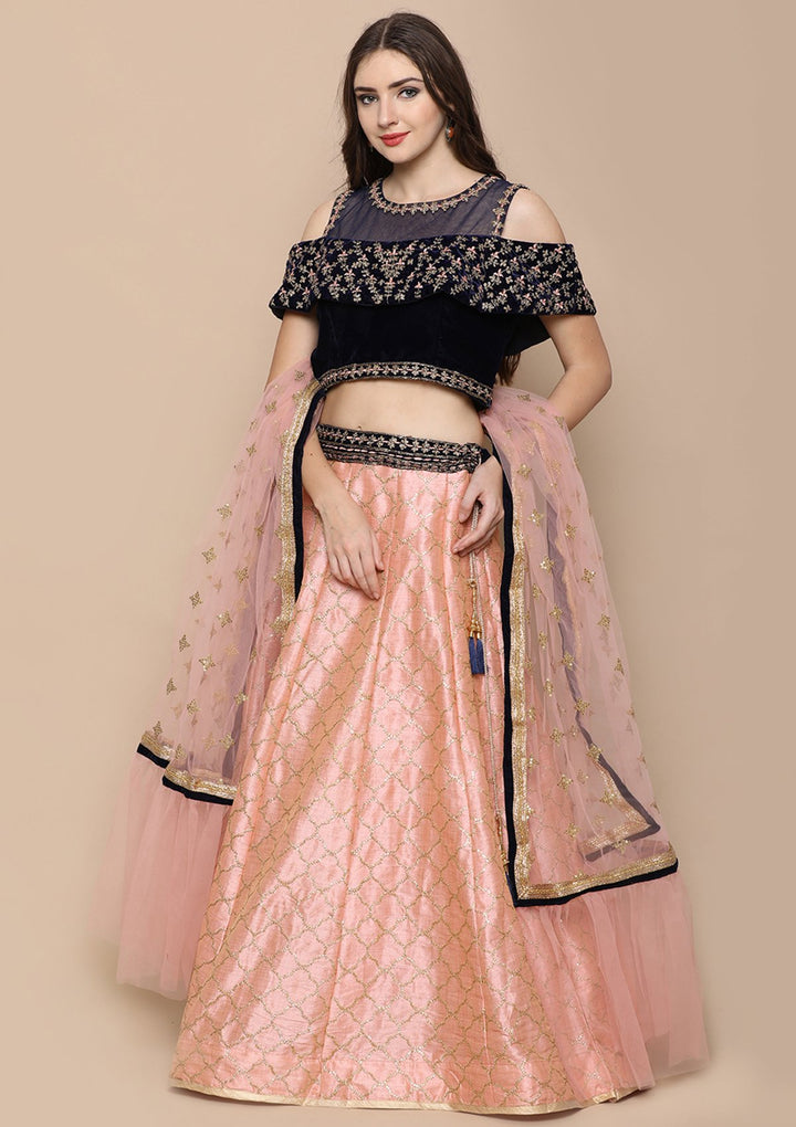 Pink Thread Work Velvet Designer Lehenga-Koskii