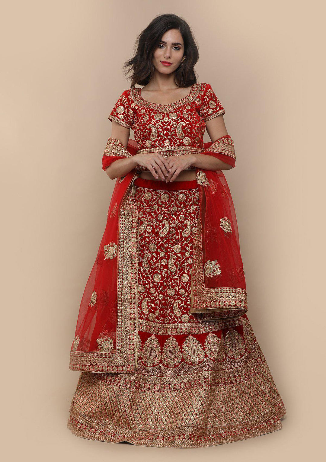 Red Stone Work Velvet Designer Lehenga-Koskii