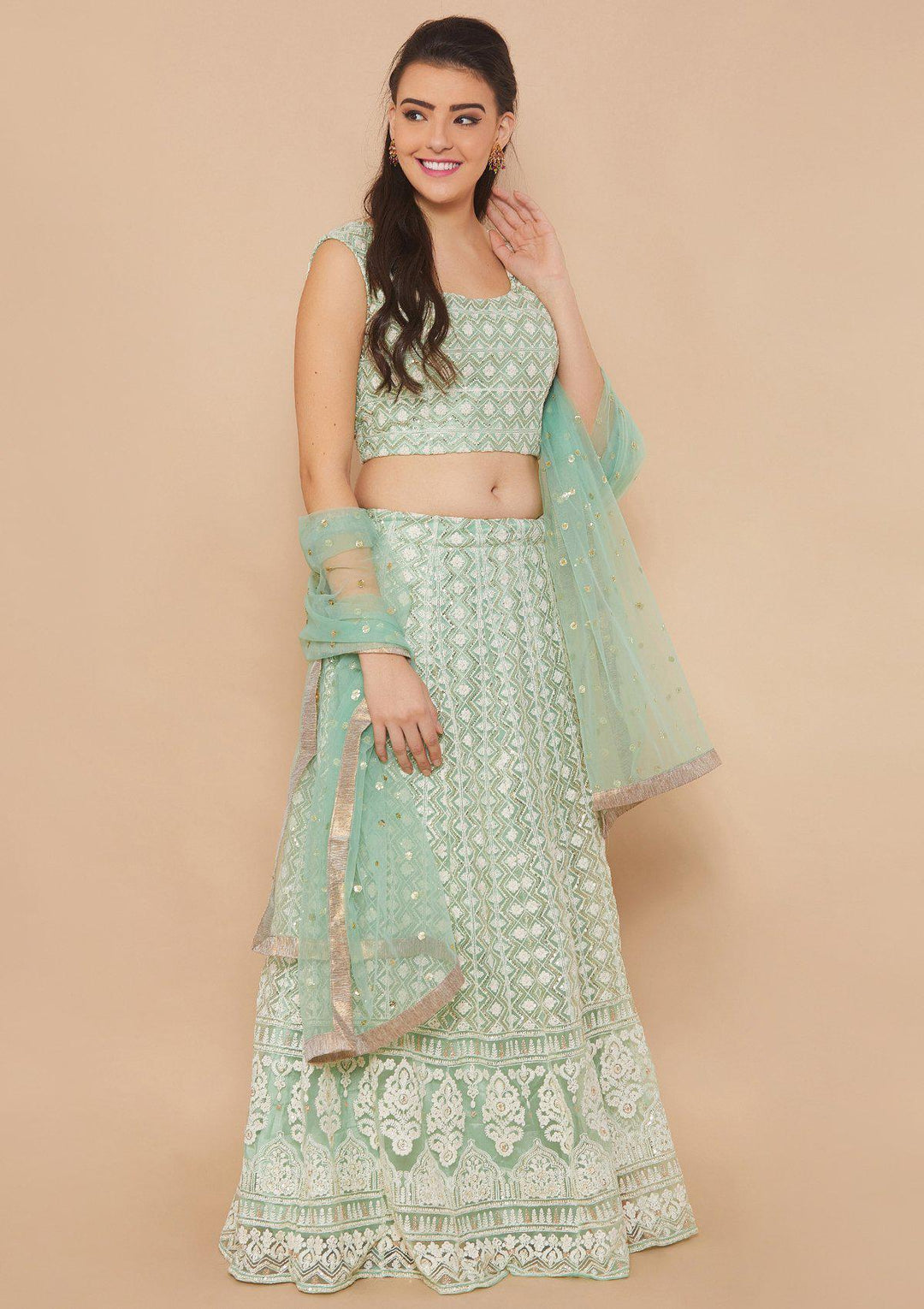Green Thread-Work Net Designer Lehenga-Koskii
