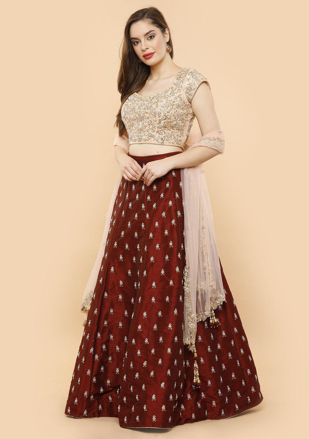 KOSKII rawsilk maroon and pink bridal lehenga-Koskii