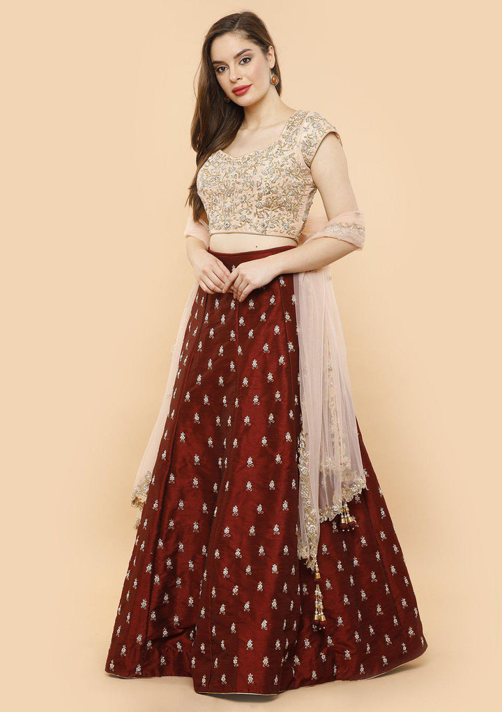 KOSKII rawsilk maroon and pink bridal lehenga-Koskii