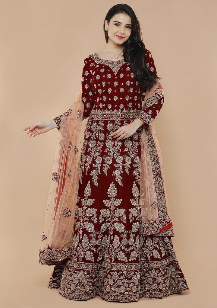 Maroon Zardozi Velvet Designer Gown-Koskii