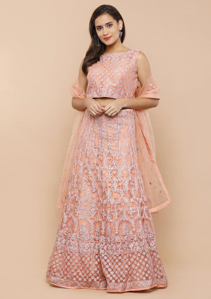 Peach Threadwork Net Designer Lehenga-Koskii