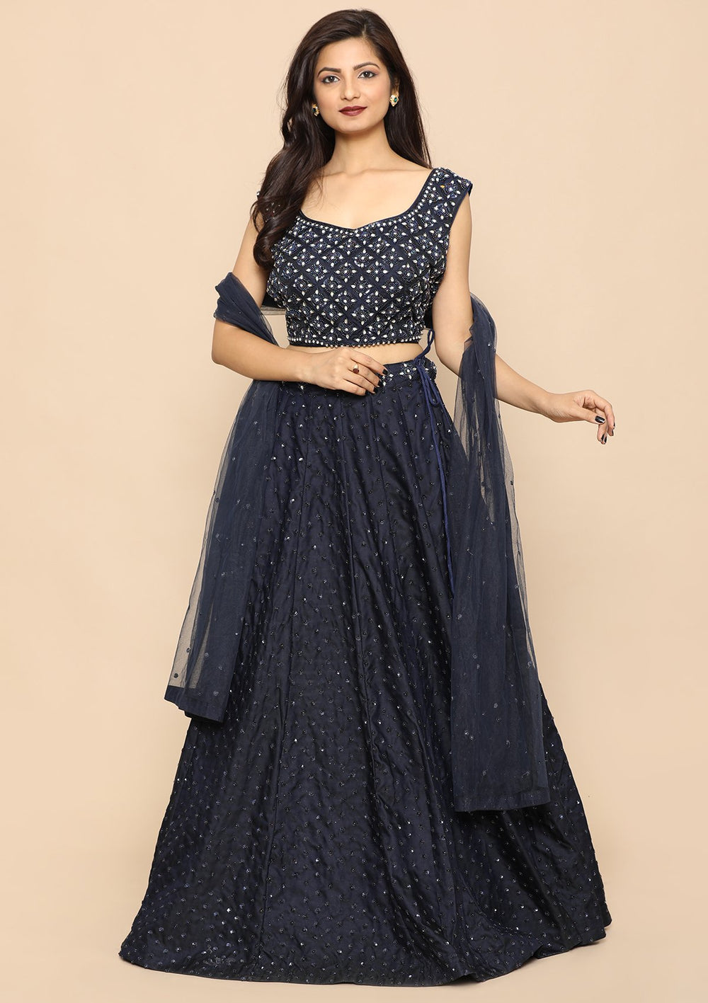 Navy Blue Sequinned Silk Designer Lehenga-Koskii