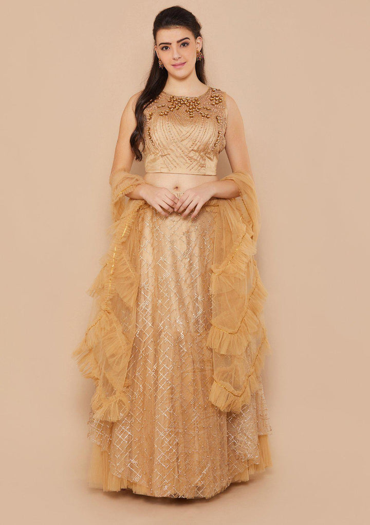 Gold Pearl-Work Net Designer Lehenga-Koskii
