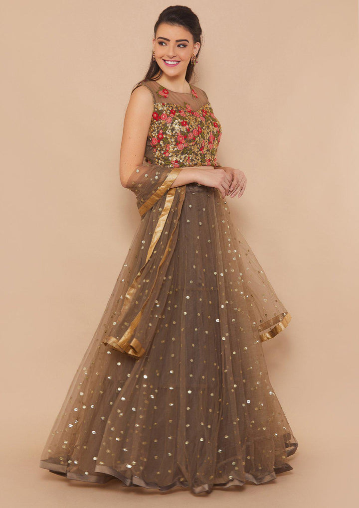 Koskii Zariwork Net BROWN Lehenga-Koskii