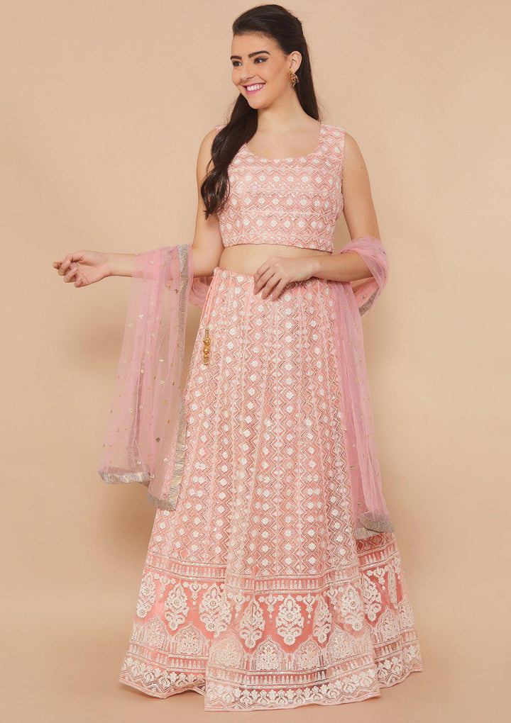 Pink Thread-Work Net Designer Lehenga-Koskii