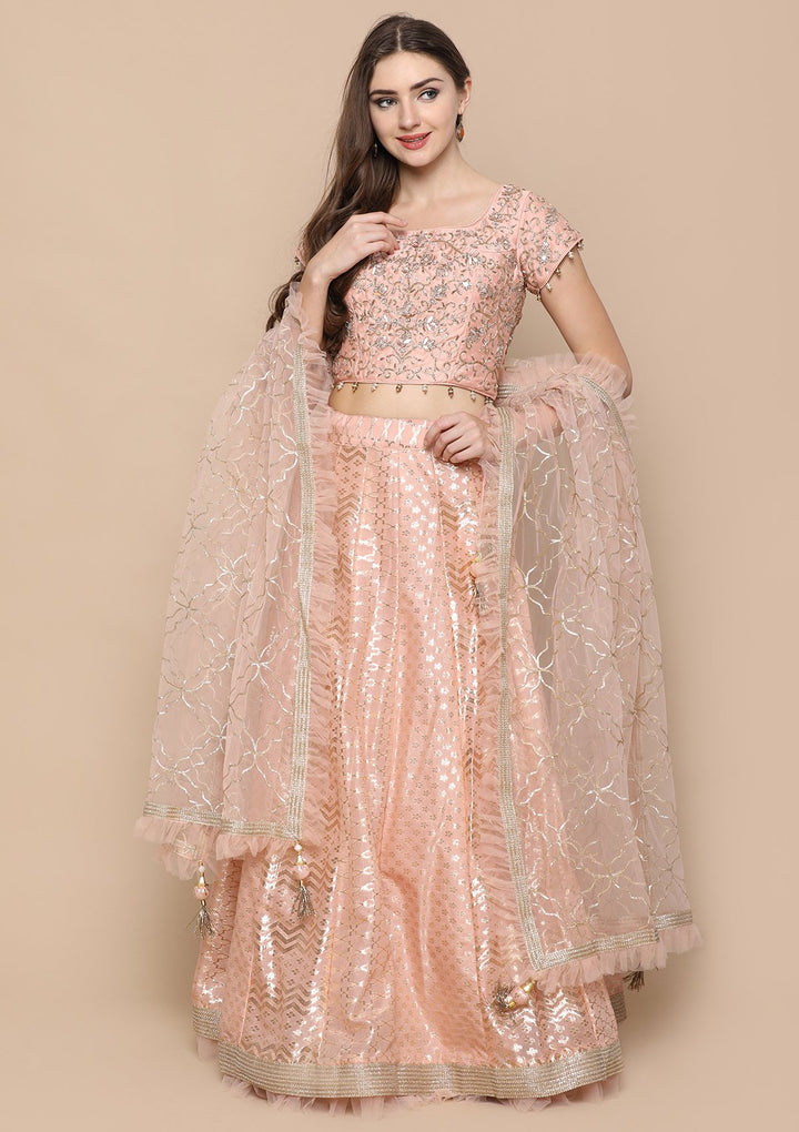 Peach Pink Cutdana Work Brocade Designer Lehenga-Koskii