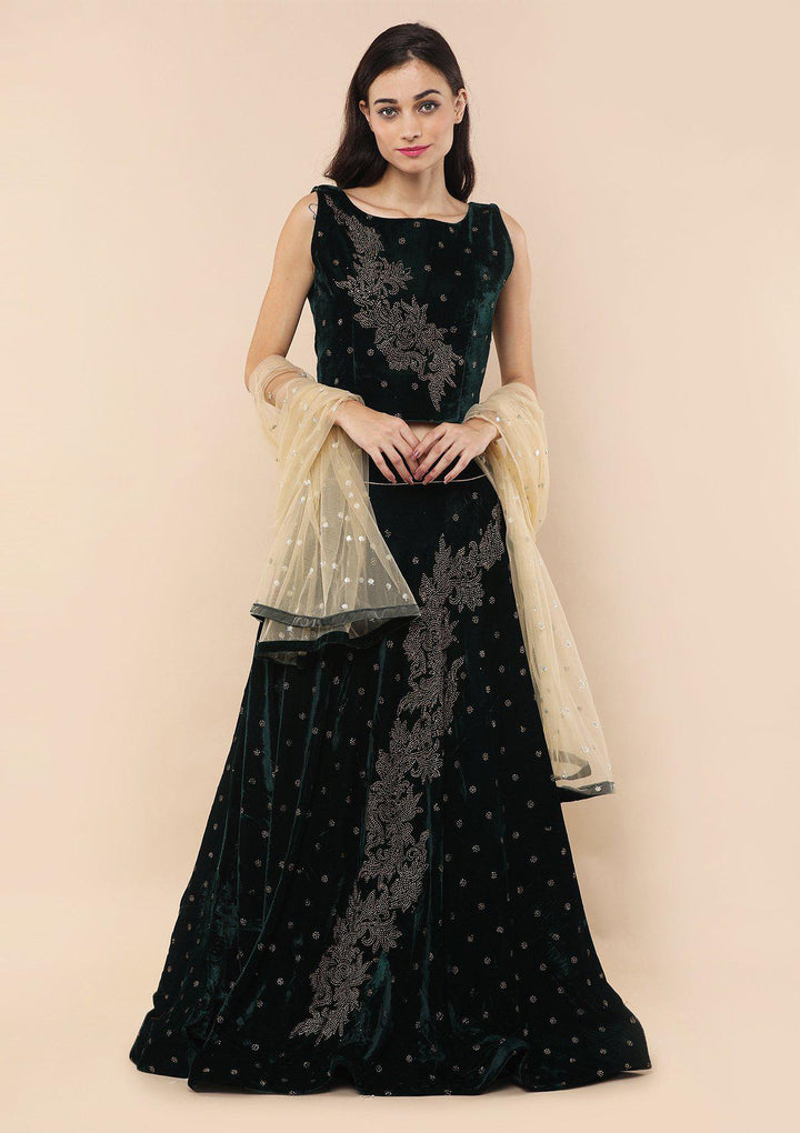 Bottle Green Sequinned Velvet Designer Lehenga-Koskii
