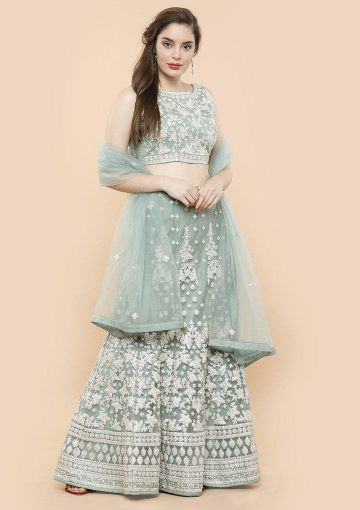 Teal Green Threadwork Net Designer Lehenga-Koskii
