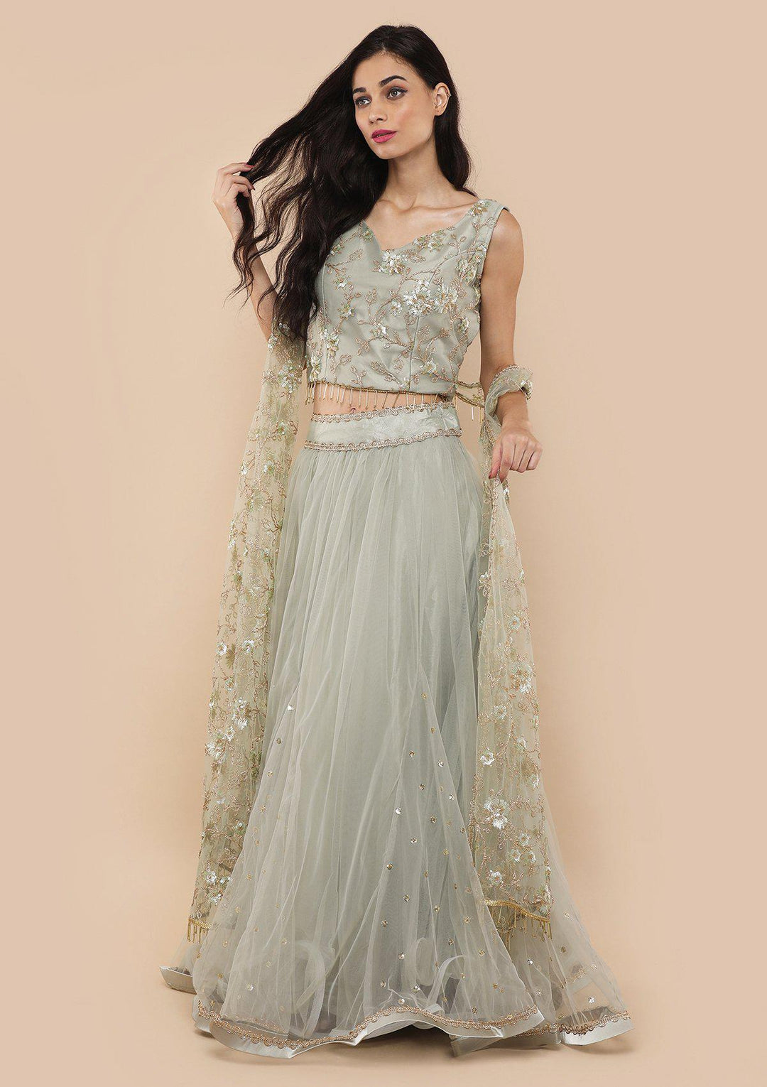 Pista Green Cutdana Work Net Designer Lehenga-Koskii