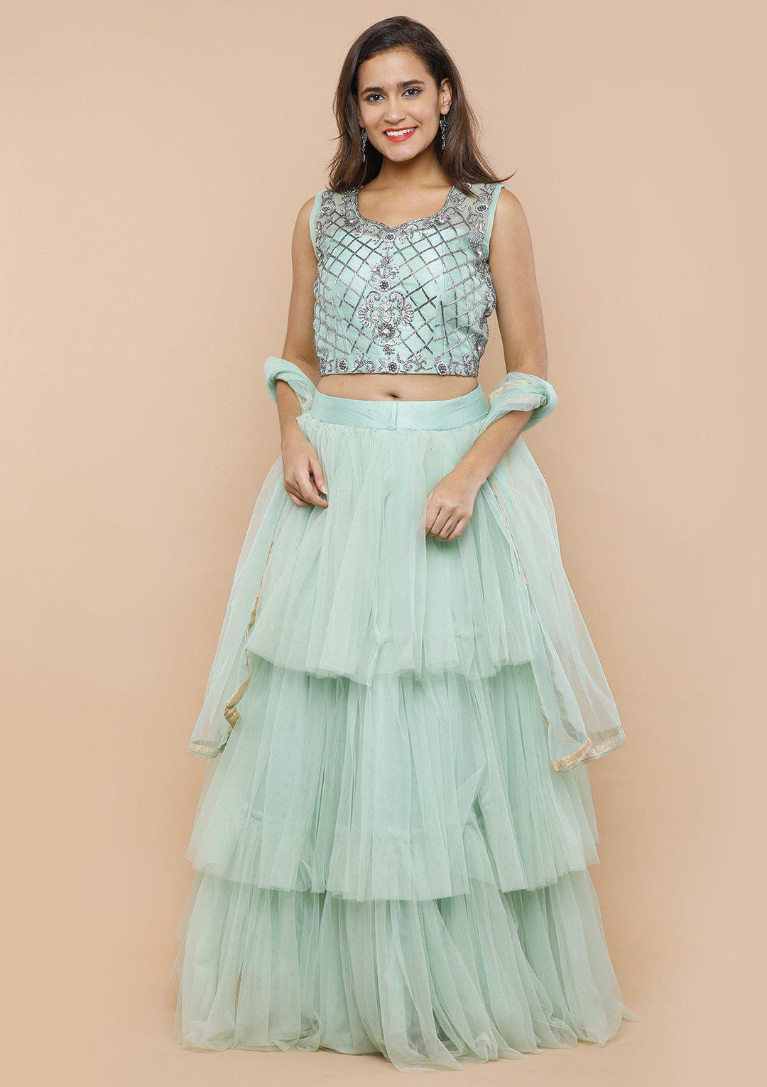 Sea Green Ruffled Net Designer Lehenga-Koskii