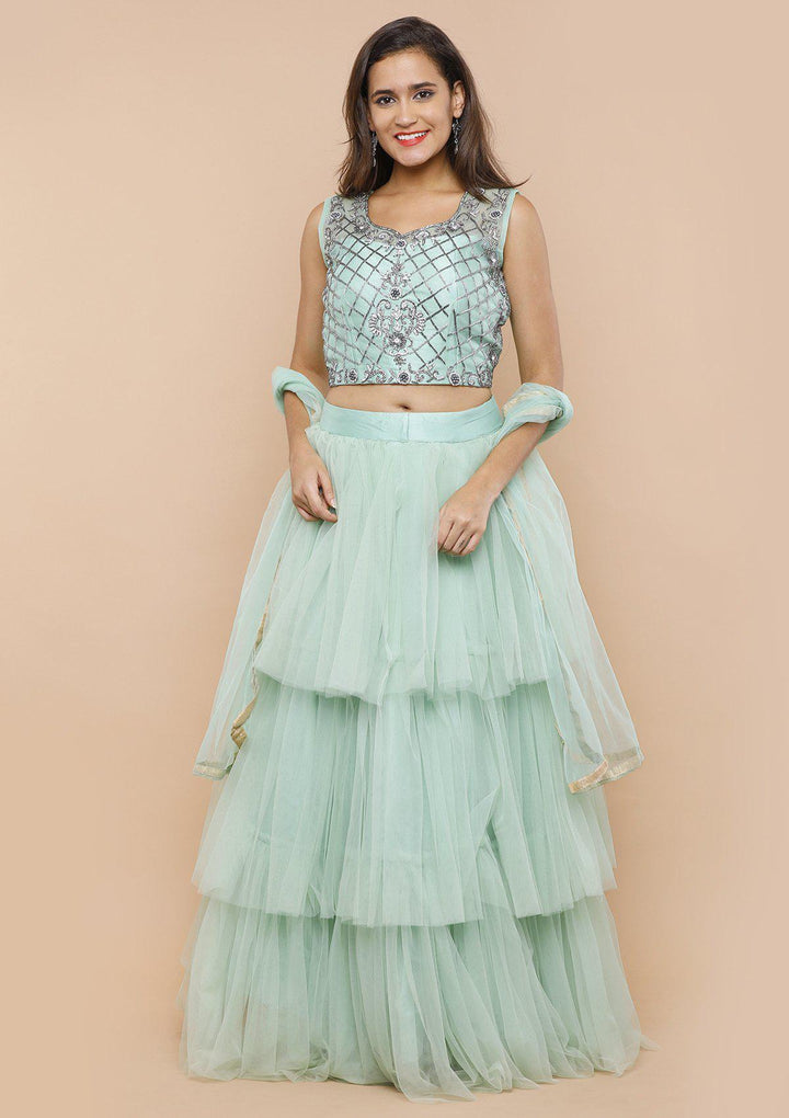 Sea Green Ruffled Net Designer Lehenga-Koskii