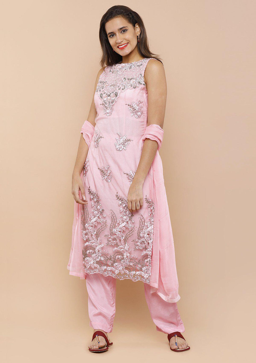 Pink Embellished Floral Designer Salwar Suit-Koskii