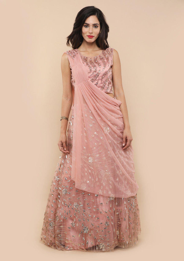 Dusty Rose Drape Net Designer Lehenga-Koskii