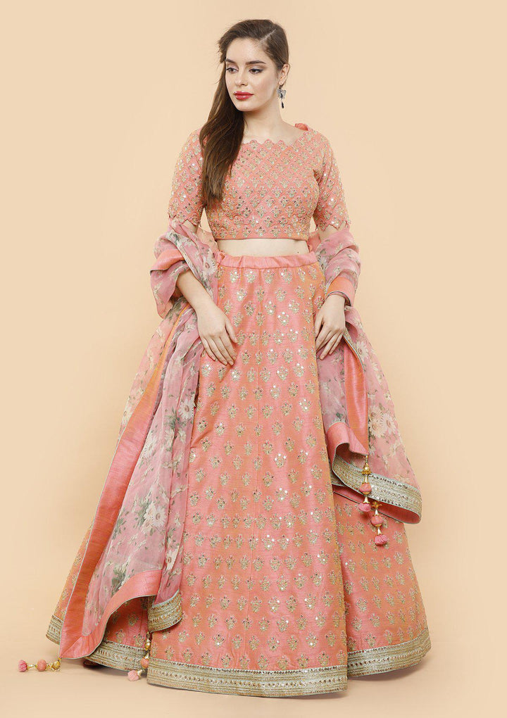 koskii peach raw silk bridal lehenga-Koskii