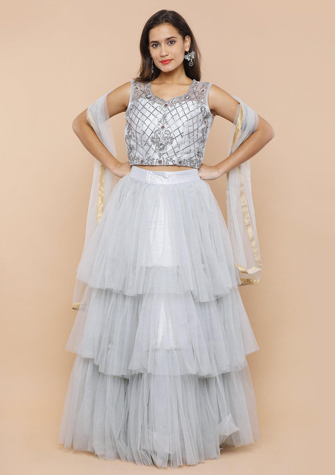 Silver Grey Ruffled Net Designer Lehenga-Koskii