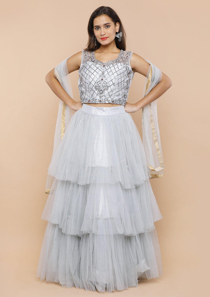 Silver Grey Ruffled Net Designer Lehenga-Koskii