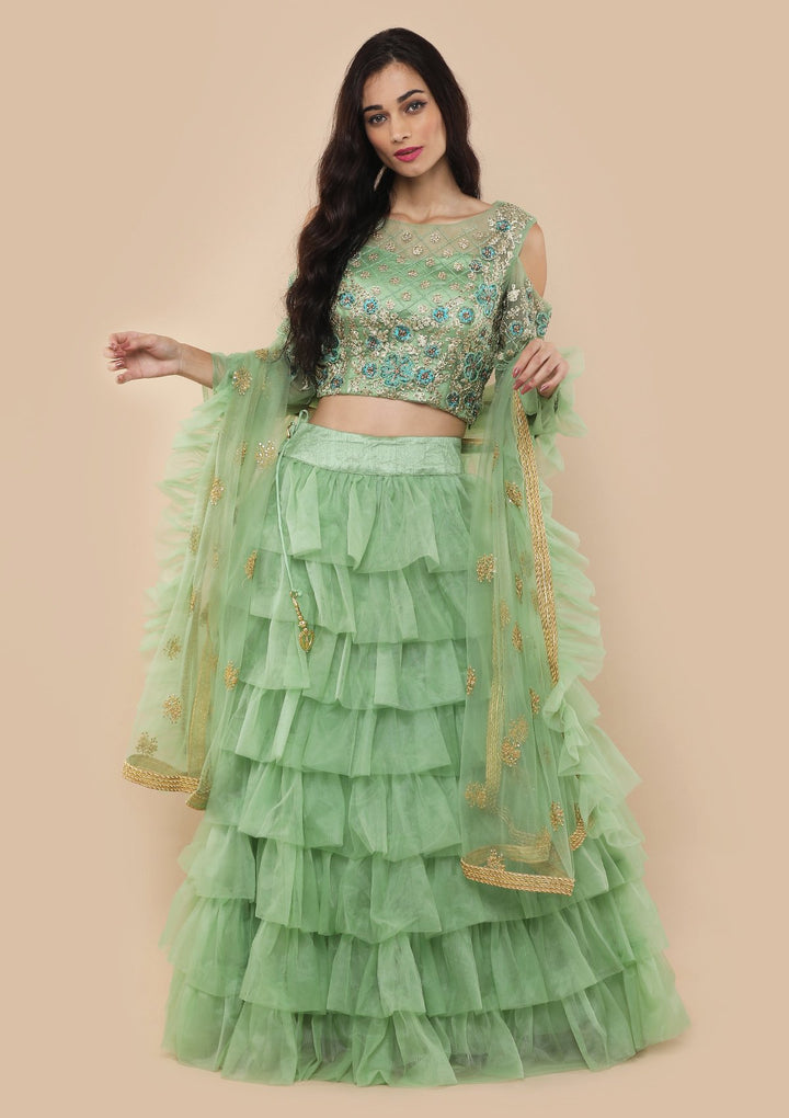 Pista Green Zari Work Net Designer Lehenga-Koskii