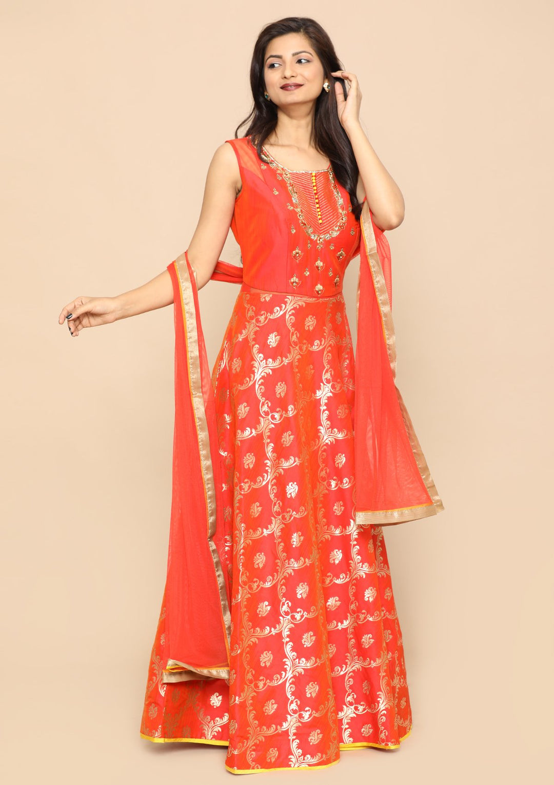 Orange Zari Work Silk Designer Gown-Koskii