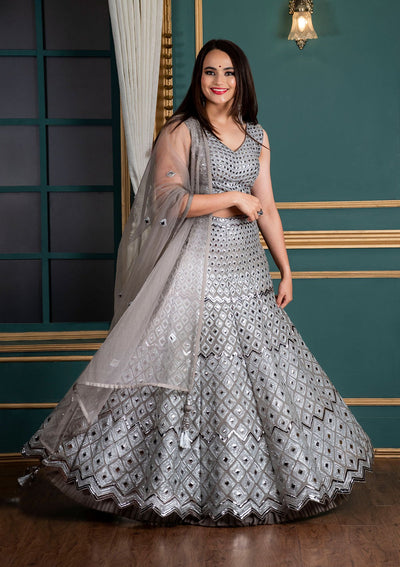 Grey Mirrorwork Tissue Designer Lehenga-Koskii