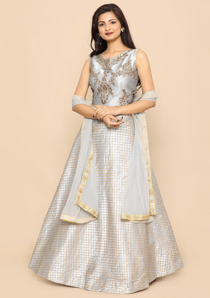 Grey Bead Work Silk Designer Lehenga-Koskii