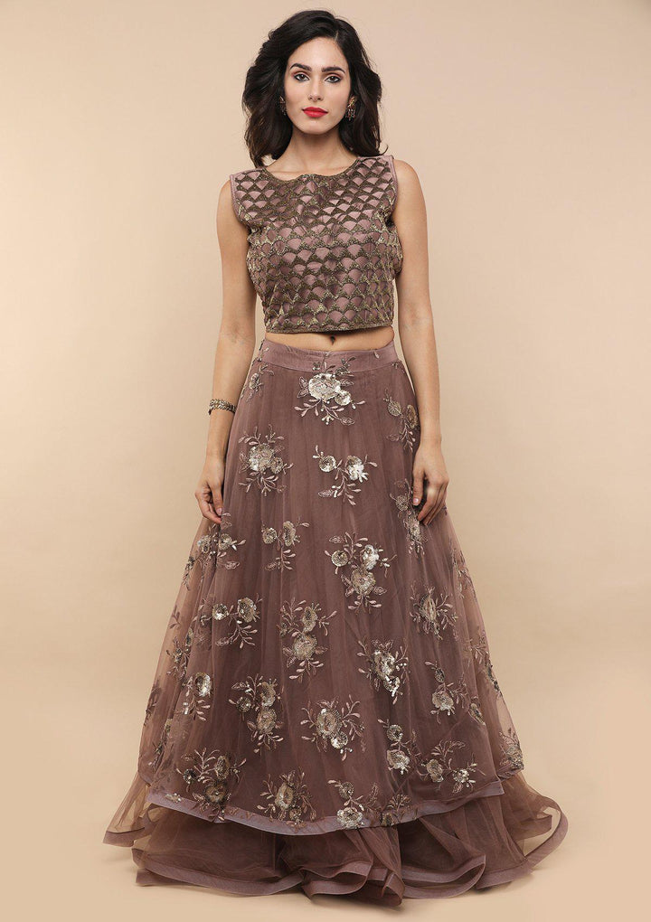 Dark Mauve Floral Net Designer Lehenga-Koskii