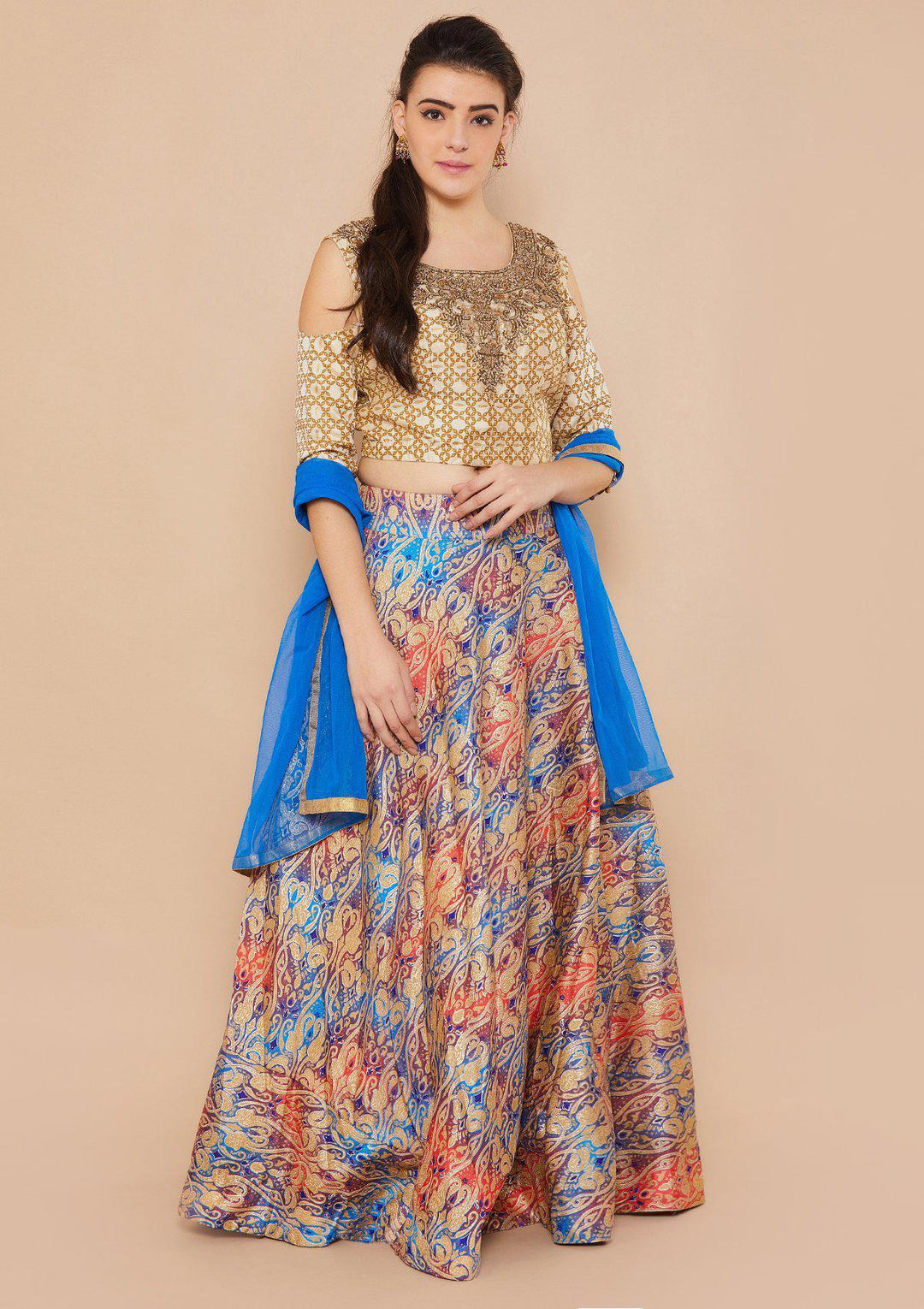 Blue and Cream Brocade Designer Lehenga-Koskii