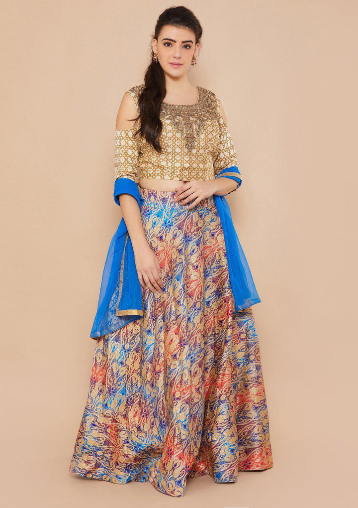 Blue and Cream Brocade Designer Lehenga-Koskii