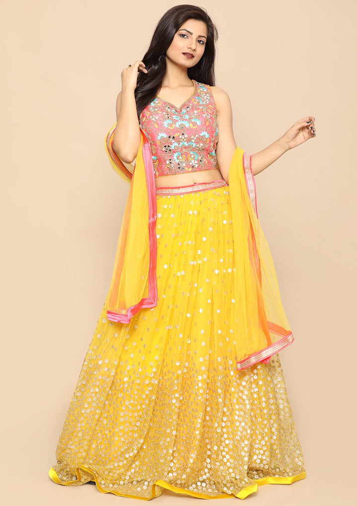 Yellow Zardozi Satin Designer Lehenga-Koskii