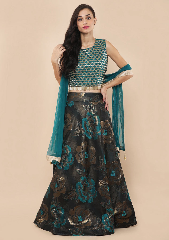 Koskii Ocean Green Brocade Lehenga-Koskii
