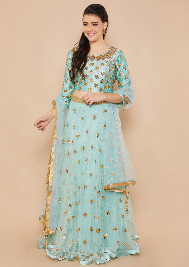 Teal Mirrorwork Net Designer Lehenga-Koskii