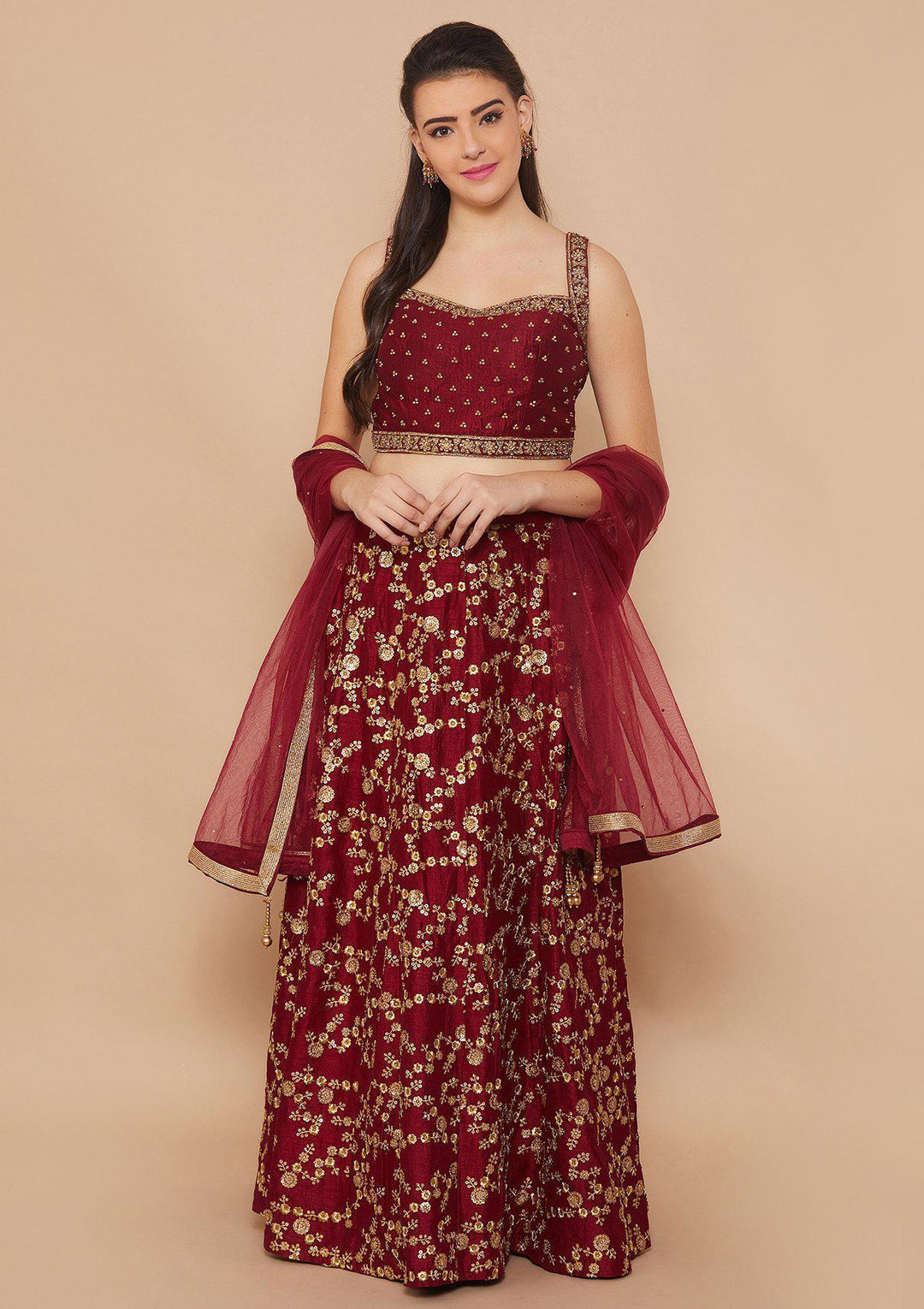 Crimson Stonework Raw-silk Designer Lehenga-Koskii