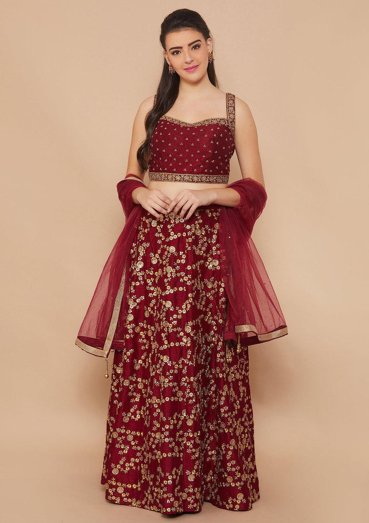 Crimson Stonework Raw-silk Designer Lehenga-Koskii