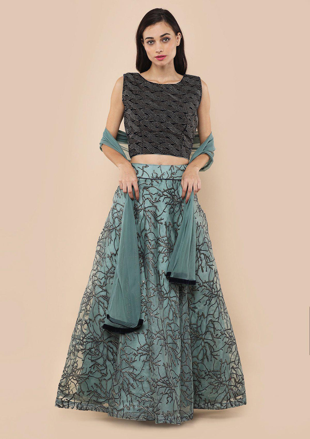 Teal Green Shimmer Appliqu???Ìâ?å©d Velvet Designer Lehenga-Koskii