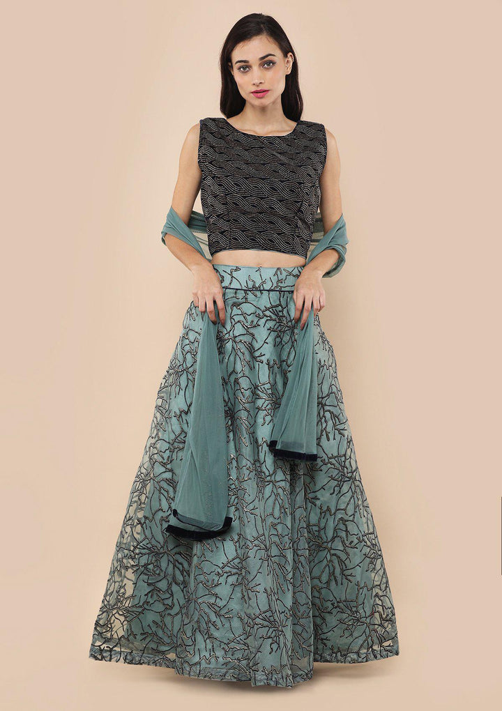Teal Green Shimmer Appliqu???Ìâ?å©d Velvet Designer Lehenga-Koskii