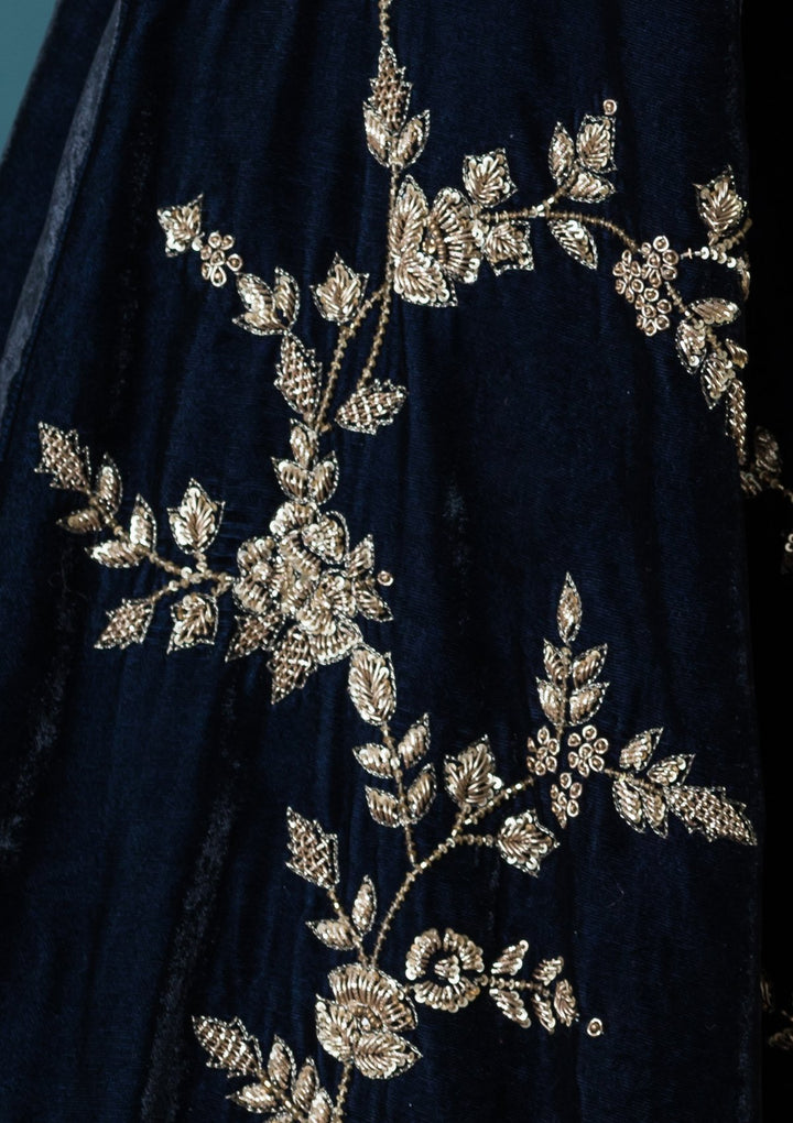 Blue Stone Work Velvet Designer Lehenga-Koskii