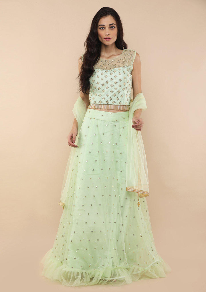 Pista Green Zardozi Work Silk Designer Lehenga-Koskii