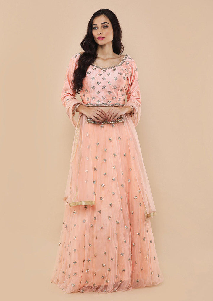 Peach Zardozi Work Silk Designer Lehenga-Koskii